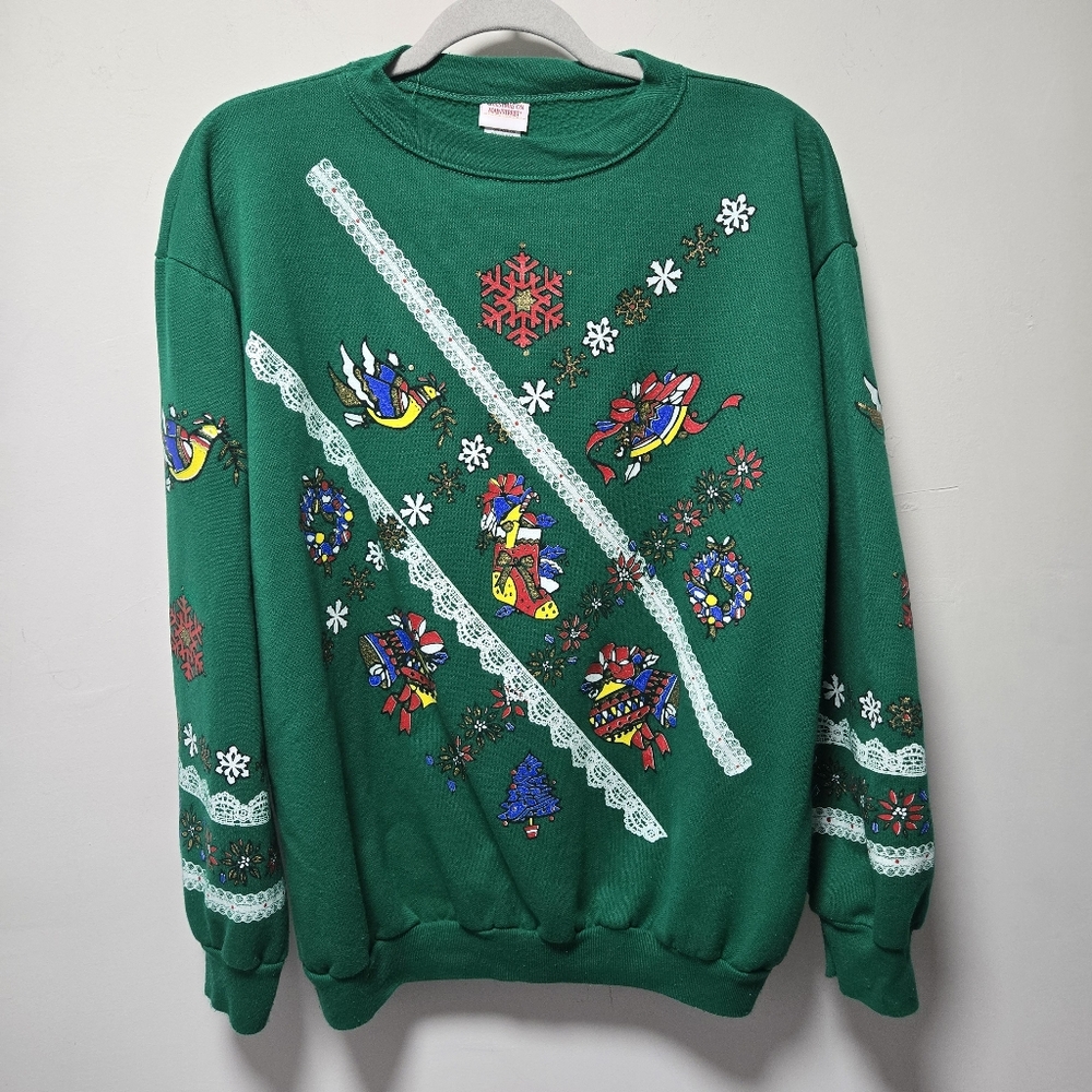 Christmas On Main Street Green Christmas Sweatshirt Size Large Birds Bells